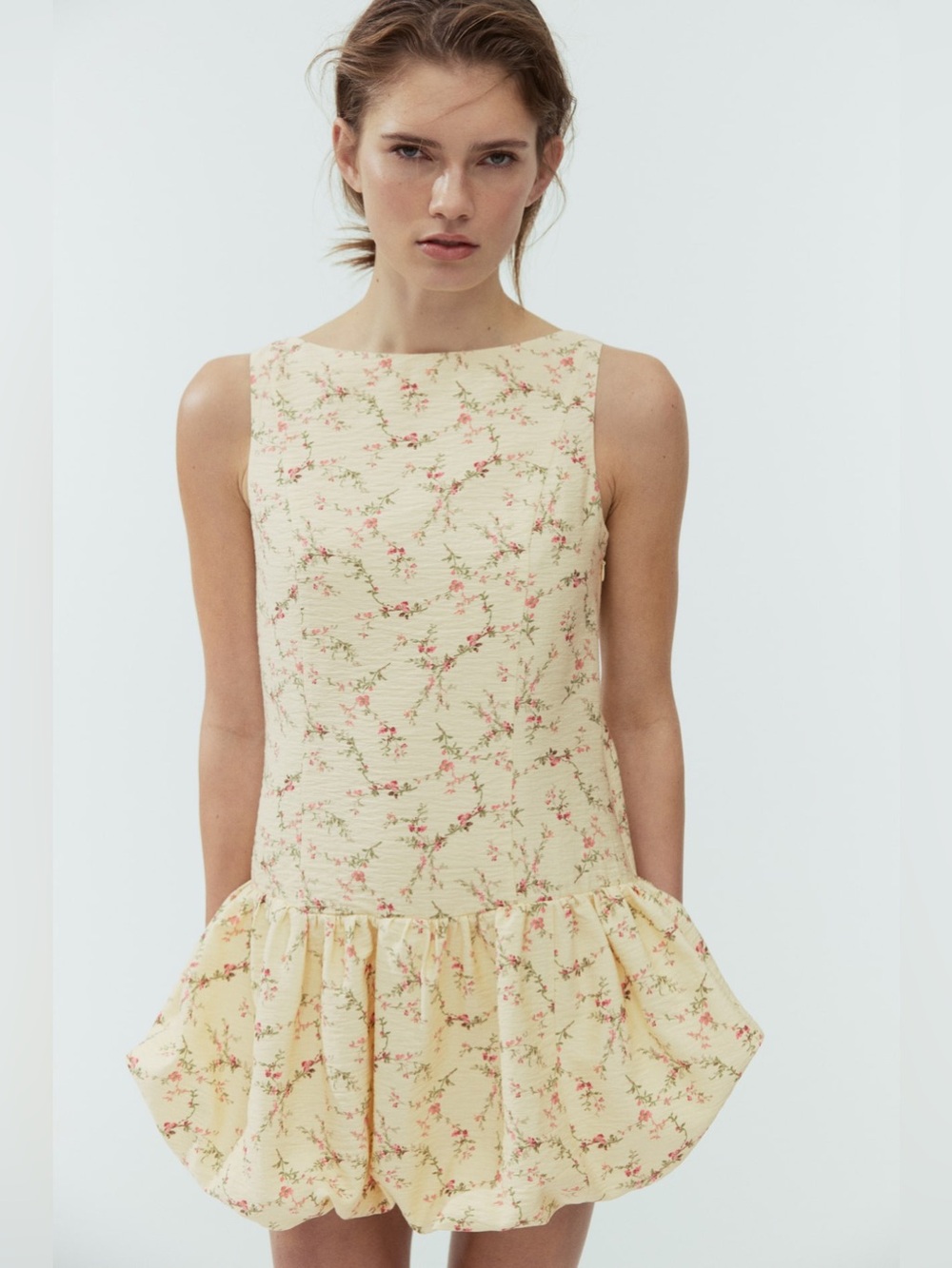 NWT H&M Yellow Floral Bubble-Hem Mini Dress Size M